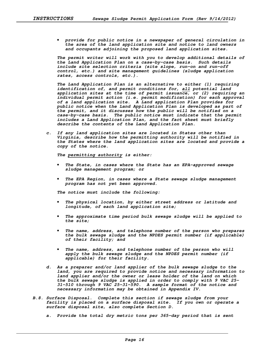 Instructions for Vpdes Sewage Sludge Permit Application Form - Virginia, Page 16