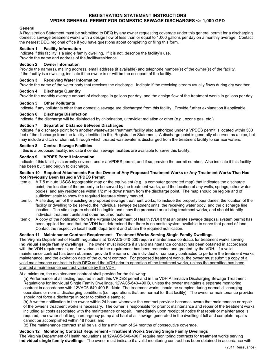 Virginia DEQ Registration Statement - Vpdes General Permit for Domestic Sewage Discharges = 1,000 Gpd - Virginia, Page 3