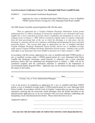 Document preview: Local Government Certification Form for New Municipal Solid Waste Landfill Permits - Virginia