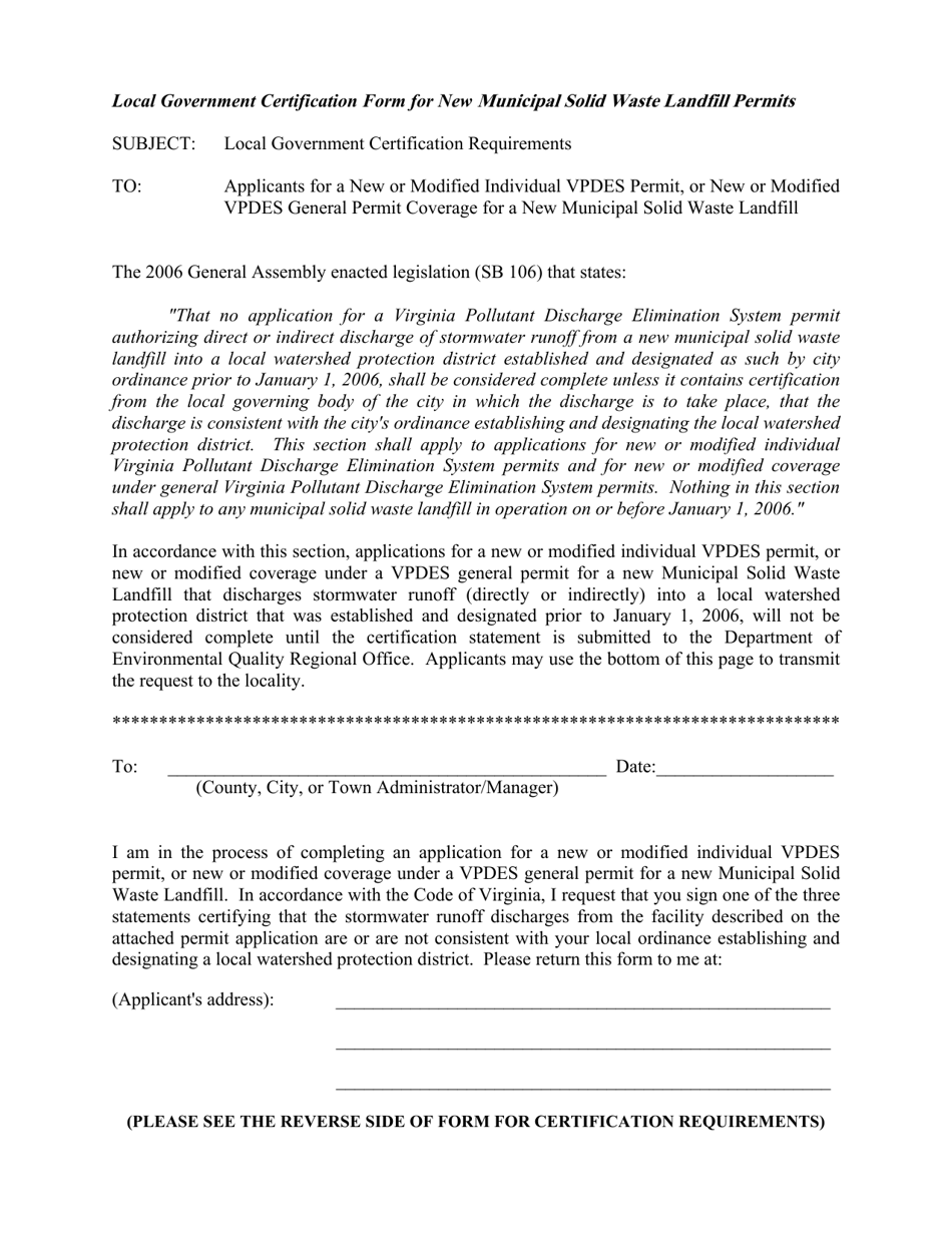 Local Government Certification Form for New Municipal Solid Waste Landfill Permits - Virginia, Page 1