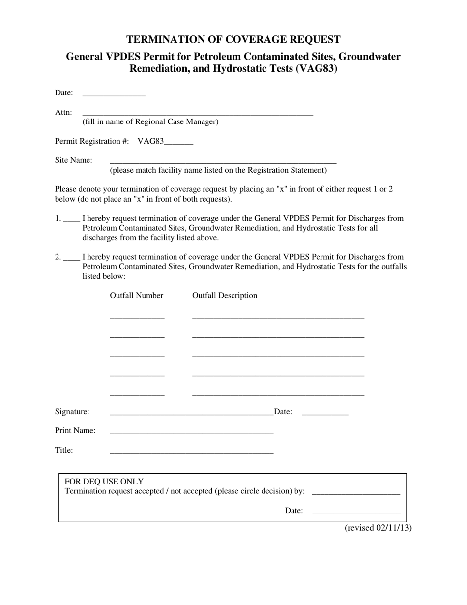 Form VAG83 Termination of Coverage Request - General Vpdes Permit for Petroleum Contaminated Sites, Groundwater Remediation, and Hydrostatic Tests - Virginia, Page 1