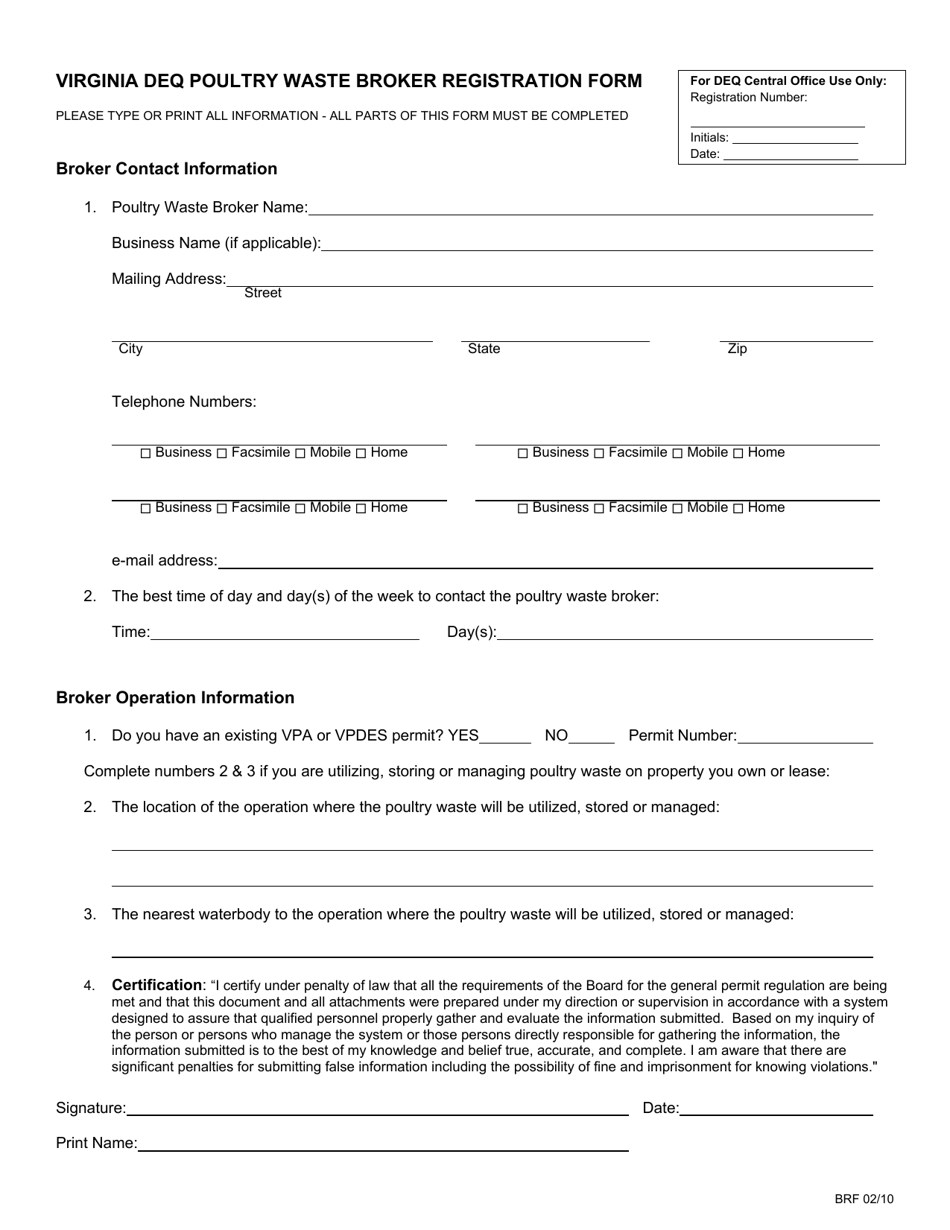 Virginia DEQ Poultry Waste Broker Registration Form - Virginia, Page 1