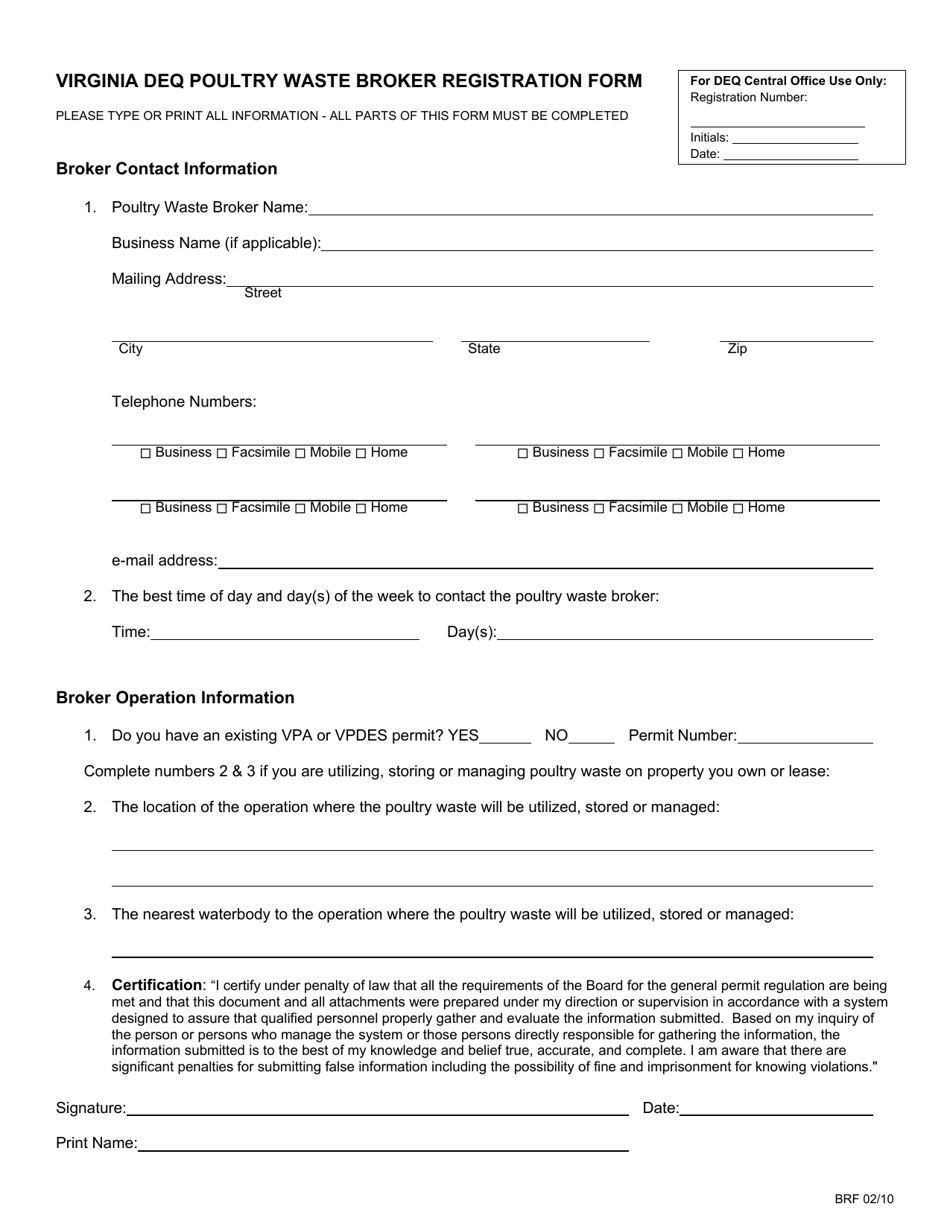 Virginia Virginia DEQ Poultry Waste Broker Registration Form - Fill Out ...