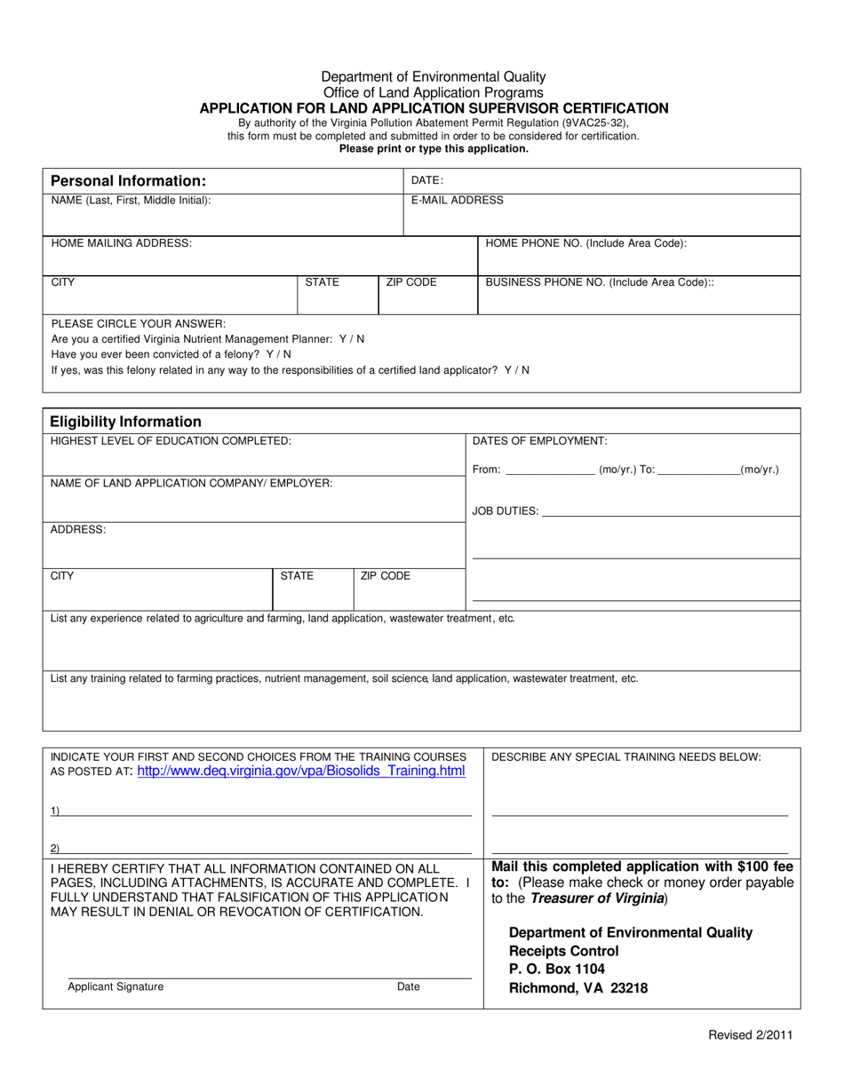 Application for Land Application Supervisor Certification - Virginia, Page 1