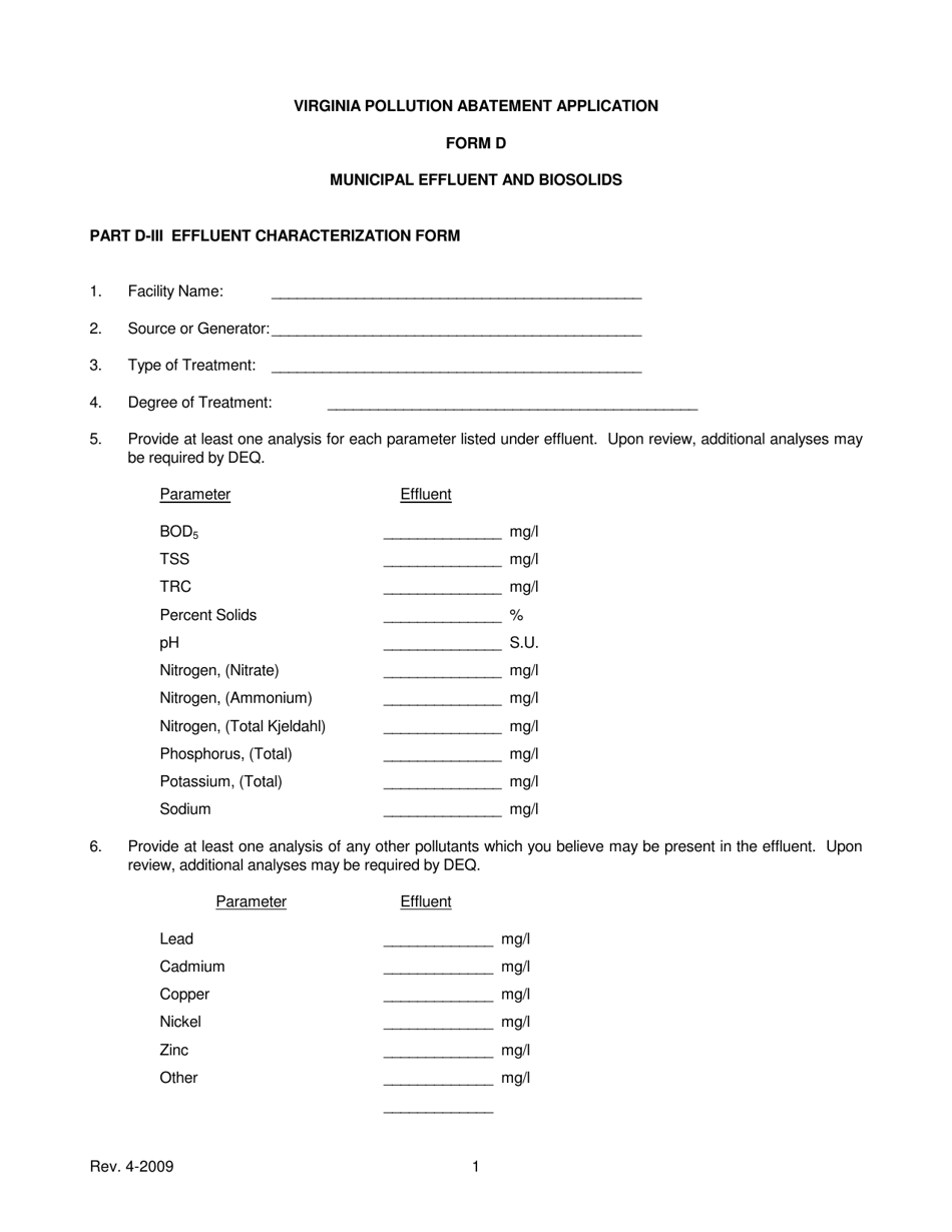 Form D Part D-III Effluent Characterization Form - Virginia, Page 1