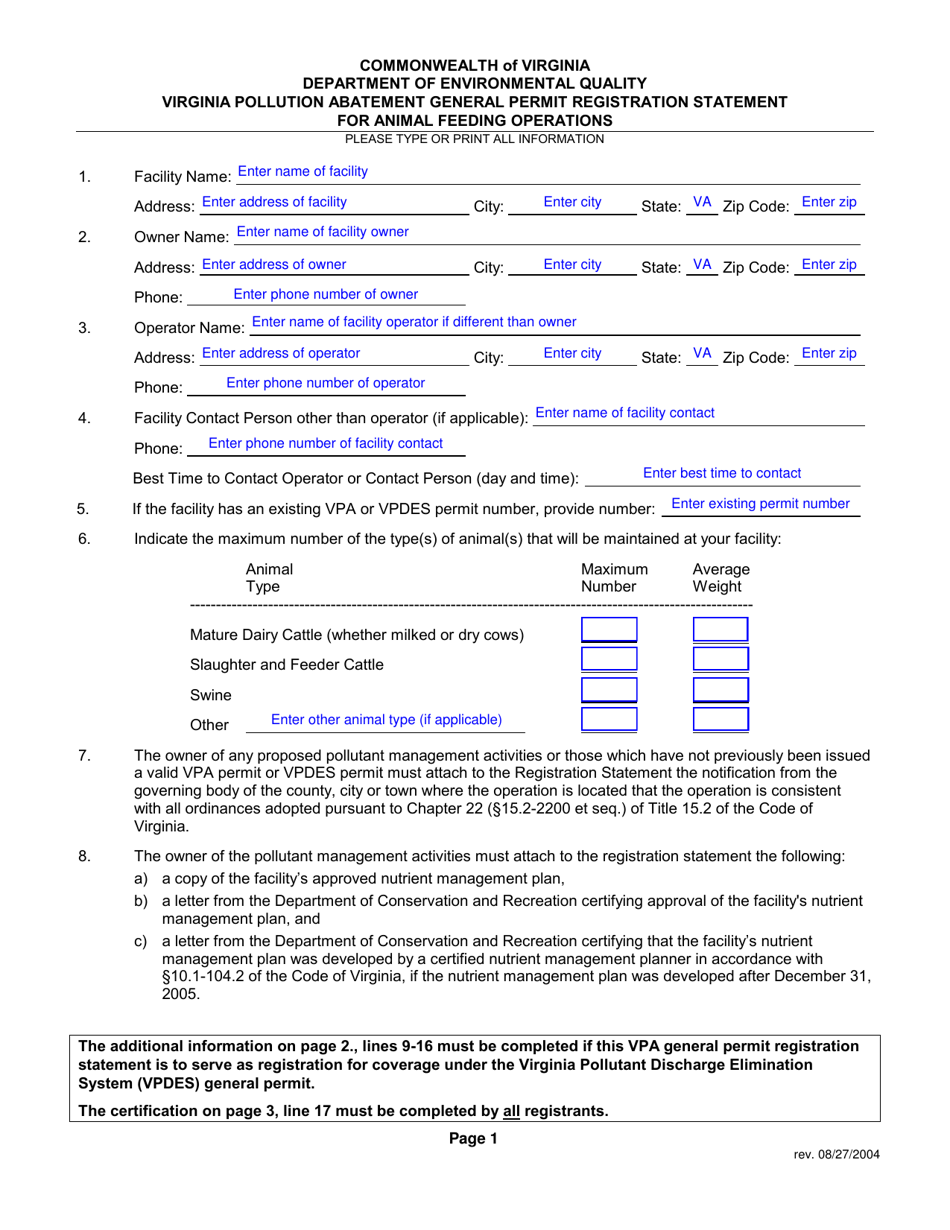 Virginia Pollution Abatement General Permit Registration Statement for Animal Feeding Operations - Virginia, Page 1