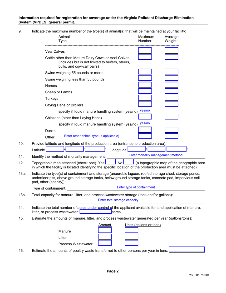 Virginia Pollution Abatement General Permit Registration Statement for Animal Feeding Operations - Virginia, Page 2