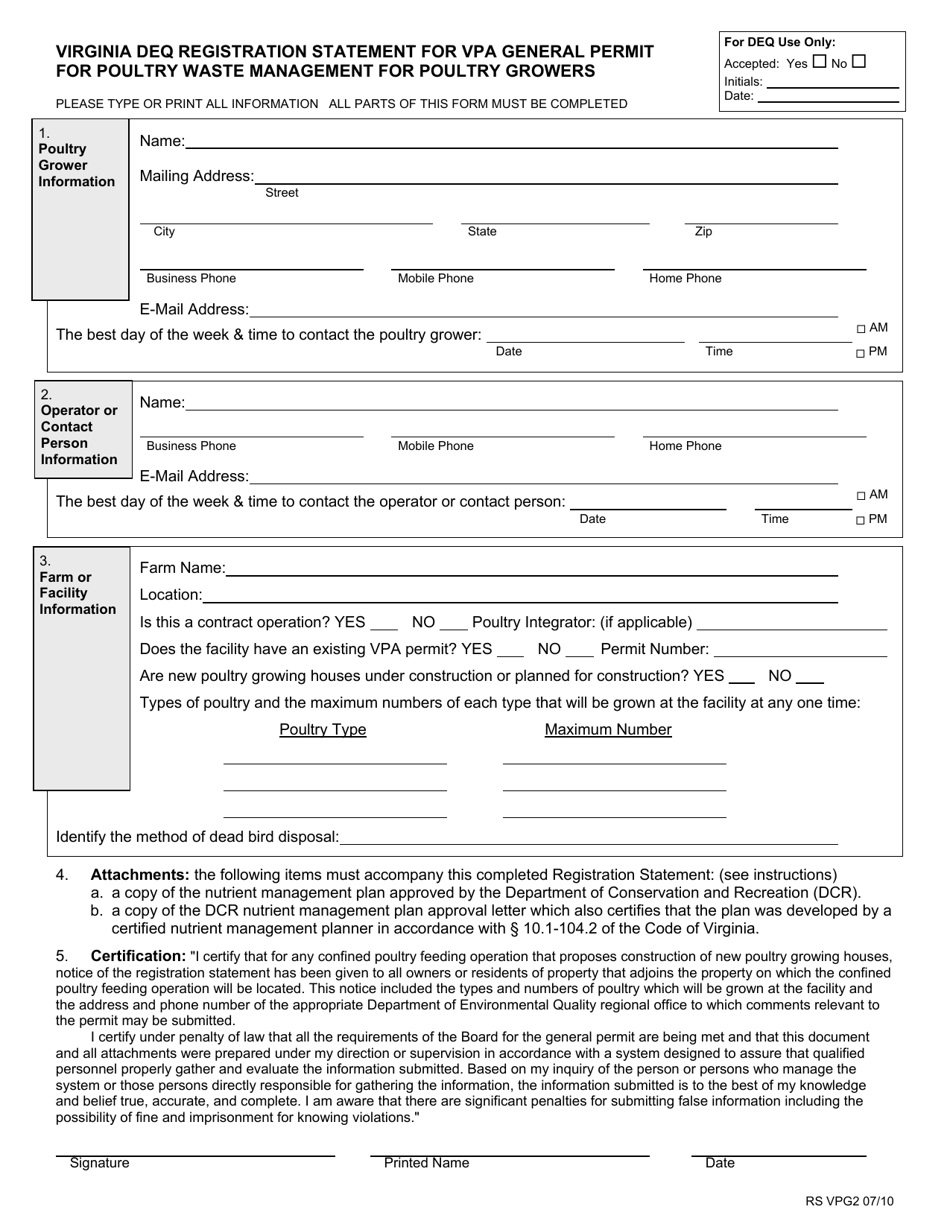 Virginia DEQ Registration Statement for VPA General Permit for Poultry Waste Management for Poultry Growers - Virginia, Page 1