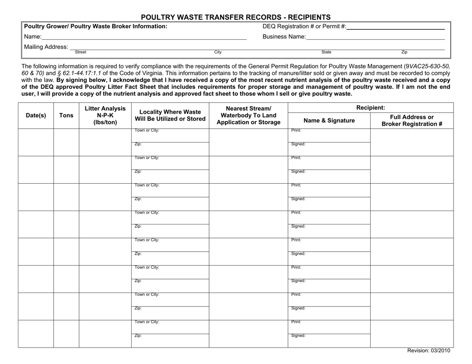 Virginia Poultry Waste Transfer Records - Recipients Download Printable ...