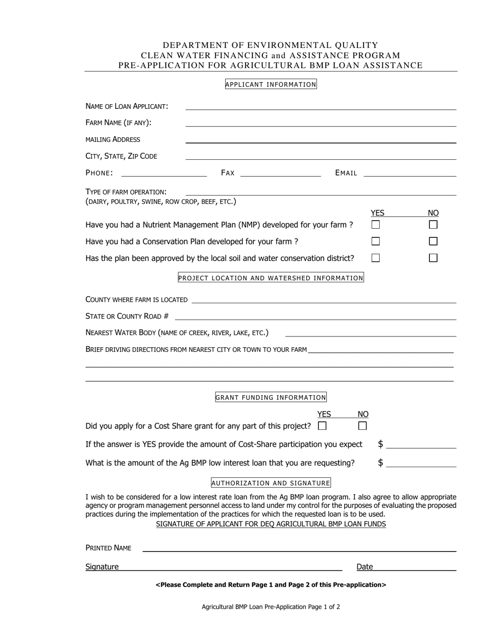 Pre-application for Agricultural Bmp Loan Assistance - Clean Water Financing and Assistance Program - Virginia, Page 1