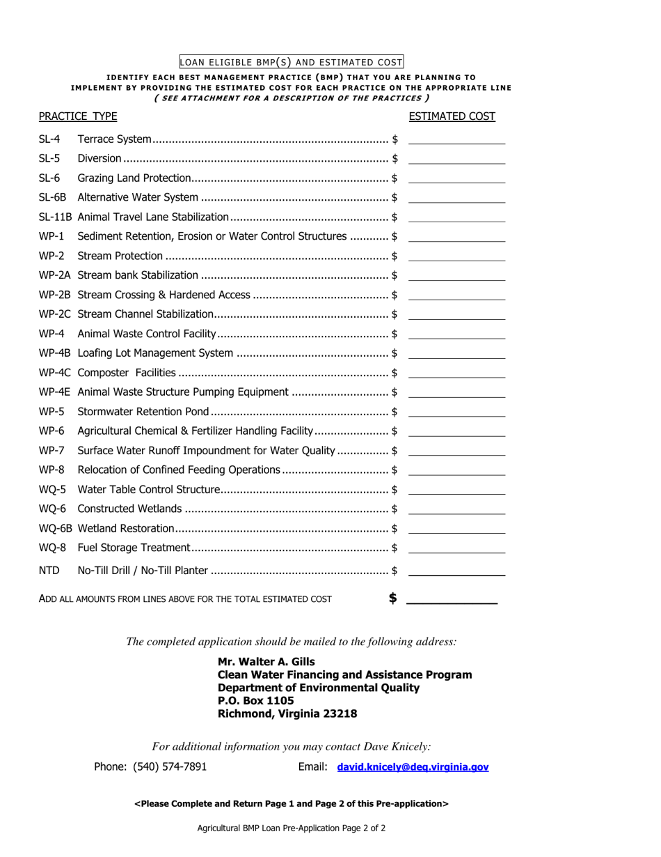 Pre-application for Agricultural Bmp Loan Assistance - Clean Water Financing and Assistance Program - Virginia, Page 2