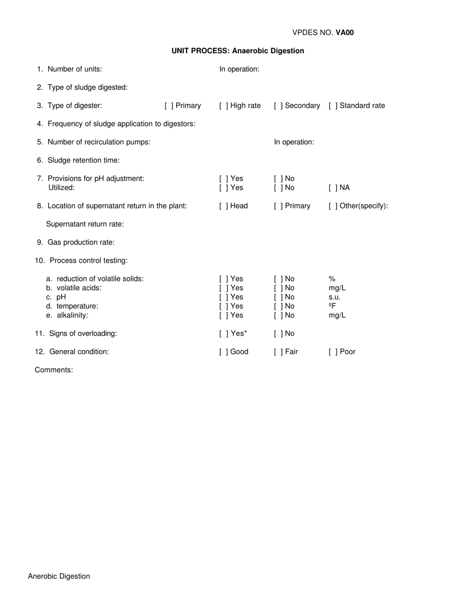 VPDES Form VA00 Unit Process: Anaerobic Digestion - Virginia, Page 1