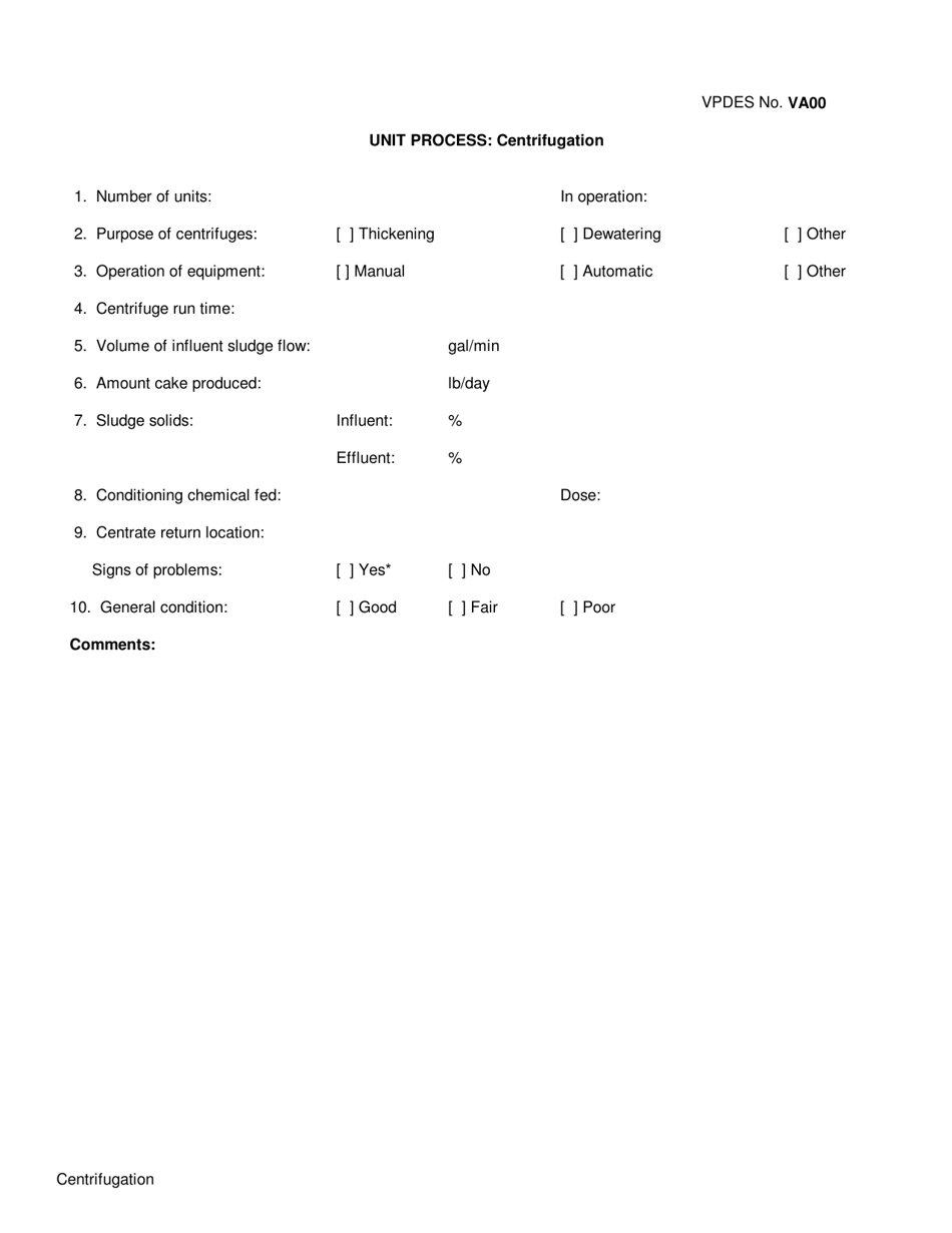 VPDES Form VA00 Unit Process: Centrifugation - Virginia, Page 1