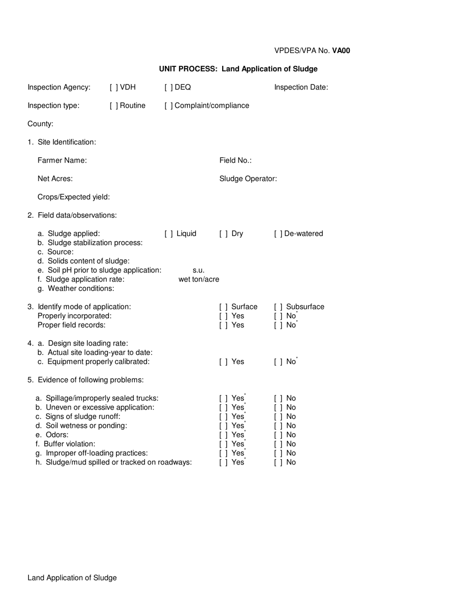 Form VA00 Unit Process: Land Application of Sludge - Virginia, Page 1