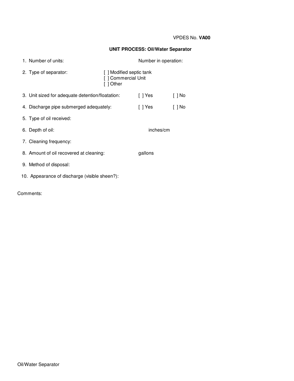 VPDES Form VA00 Unit Process: Oil / Water Separator - Virginia, Page 1