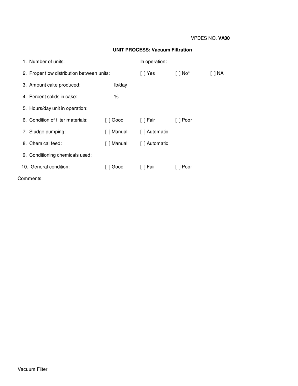 VPDES Form VA00 Unit Process: Vacuum Filtration - Virginia, Page 1