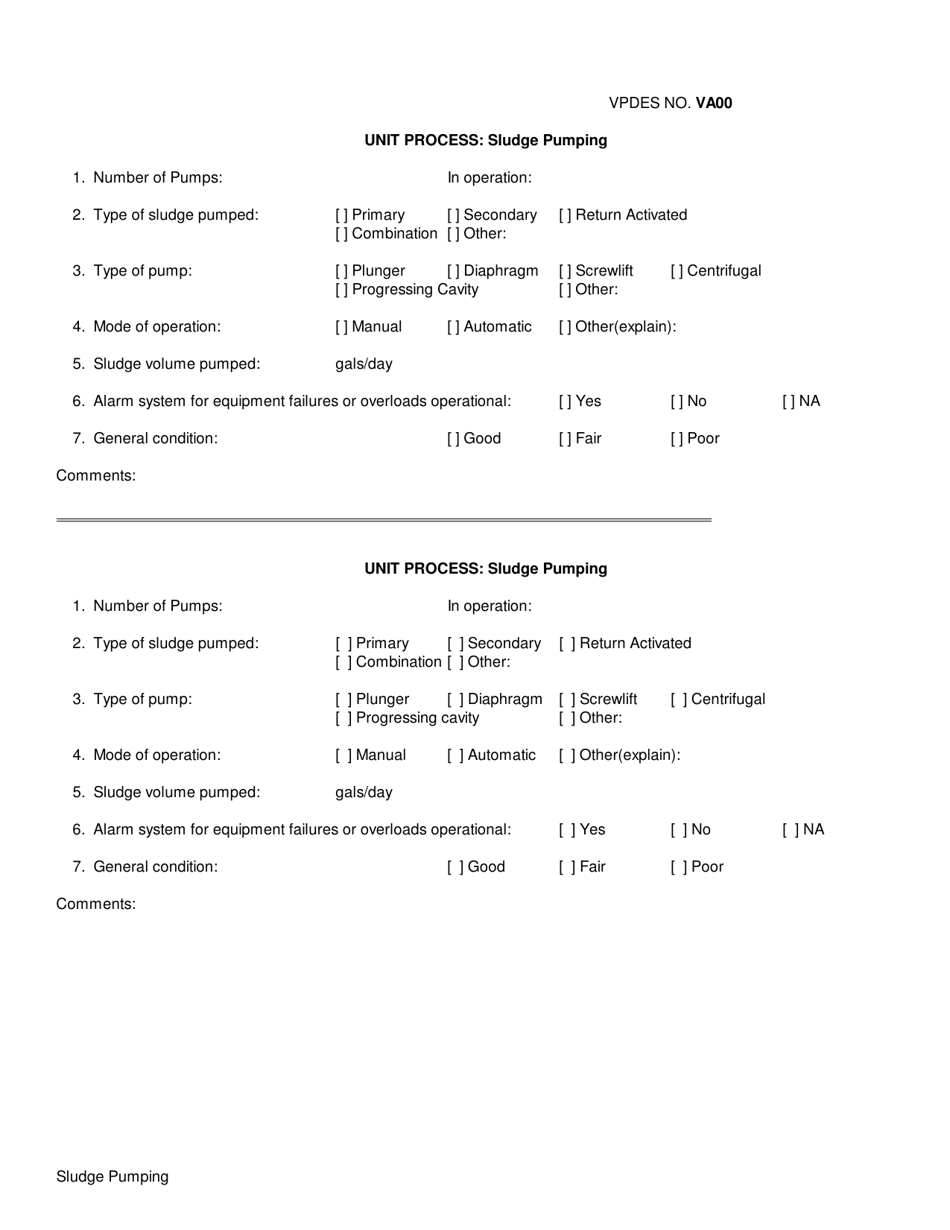 VPDES Form VA00 Unit Process: Sludge Pumping - Virginia, Page 1