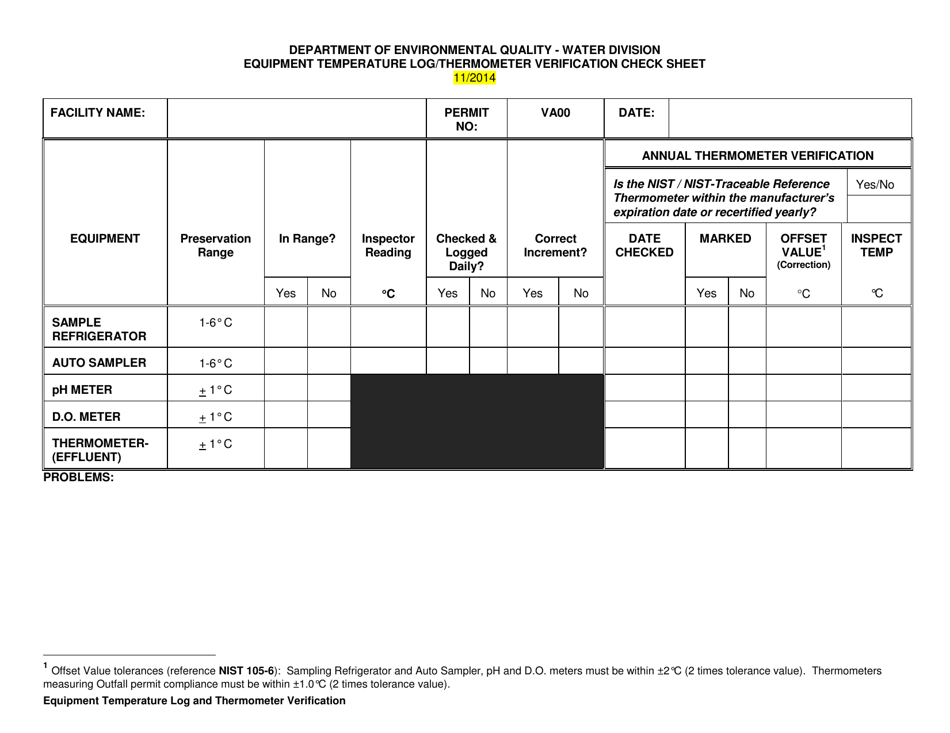Equipment Temperature Log / Thermometer Verification - Virginia, Page 1