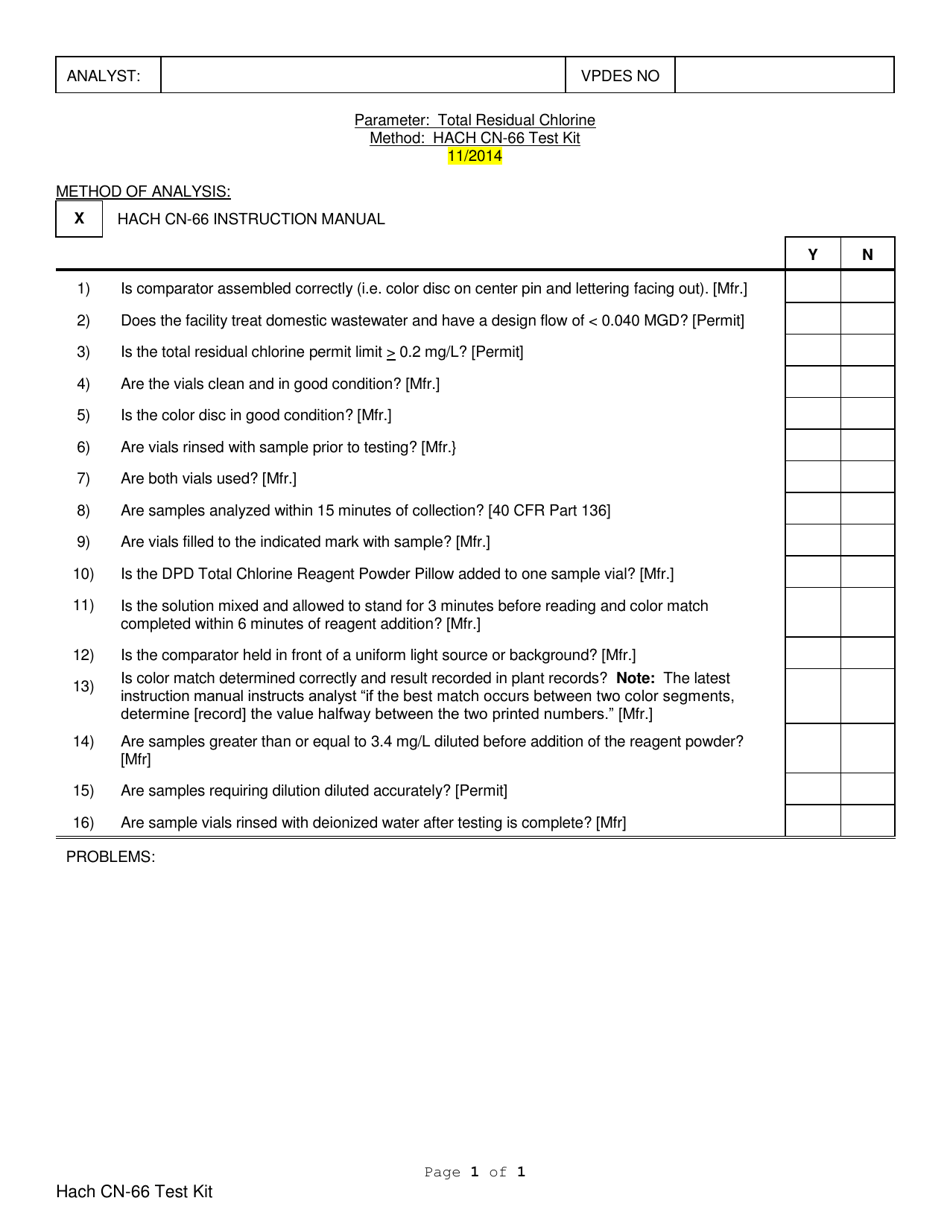Total Residual Chlorine, Hach Cn-66 Test Kit - Virginia, Page 1