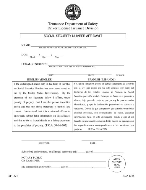 Form SF-1324 Social Security Number Affidavit - Tennessee