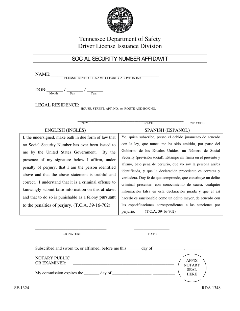 Form SF-1324 Social Security Number Affidavit - Tennessee, Page 1