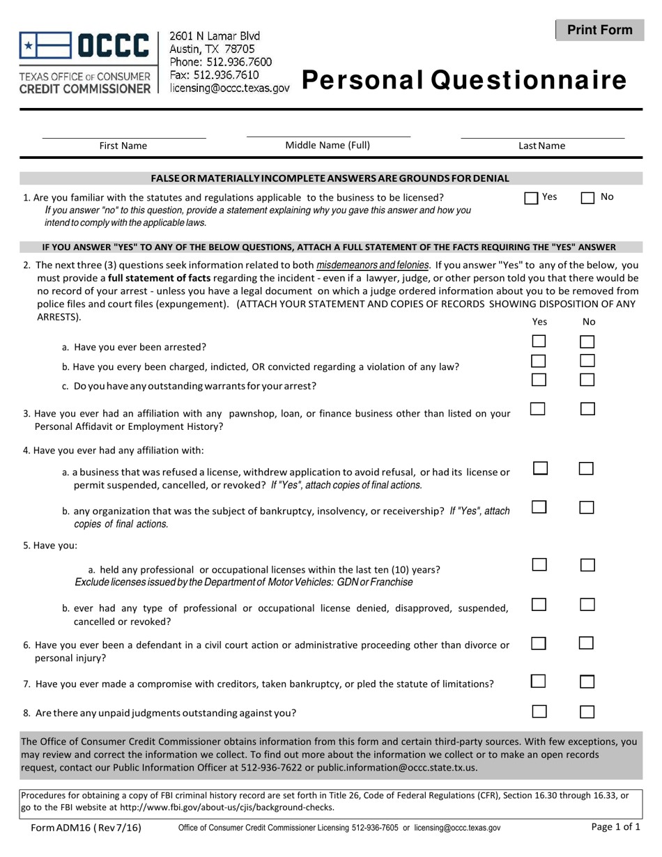 Form ADM16 Personal Questionnaire - Texas, Page 1