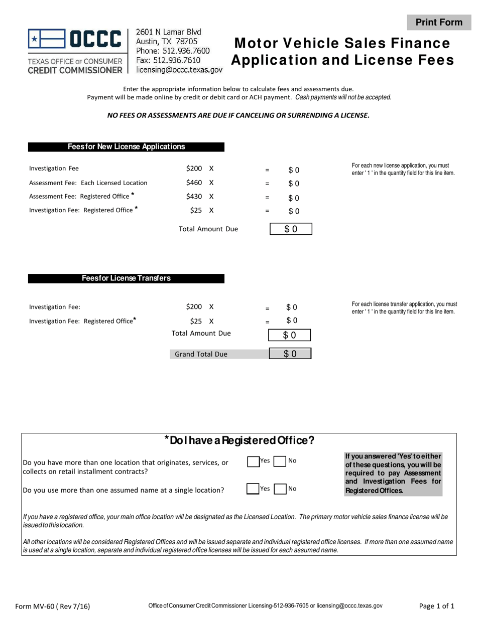 Form MV-60 Motor Vehicle Sales Finance Application and License Fees - Texas, Page 1