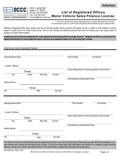 Form MV-61 List of Registered Offices Motor Vehicle Sales Finance License - Texas