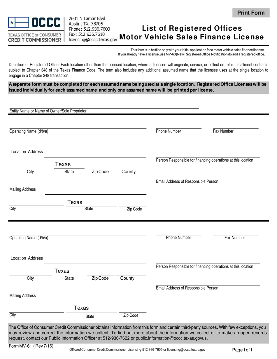 Form MV-61 List of Registered Offices Motor Vehicle Sales Finance License - Texas, Page 1