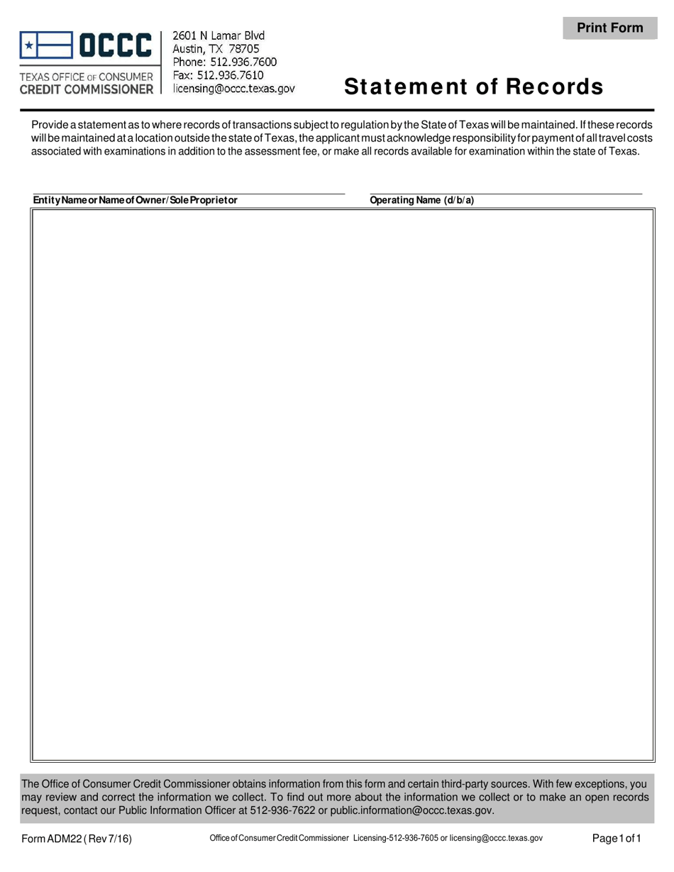 Form ADM22 Statement of Records - Texas, Page 1