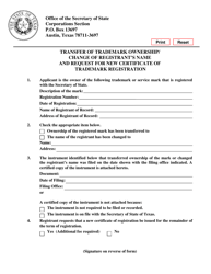 Document preview: Form 904 Transfer of Trademark Ownership/ Change of Registrant's Name and Request for New Certificate of Trademark Registration - Texas