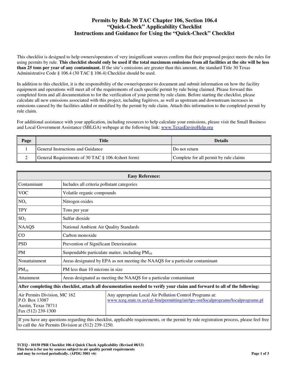 Form TCEQ-10150 Permit by Rule Applicability 106.4 Quick Checklist - Texas, Page 1