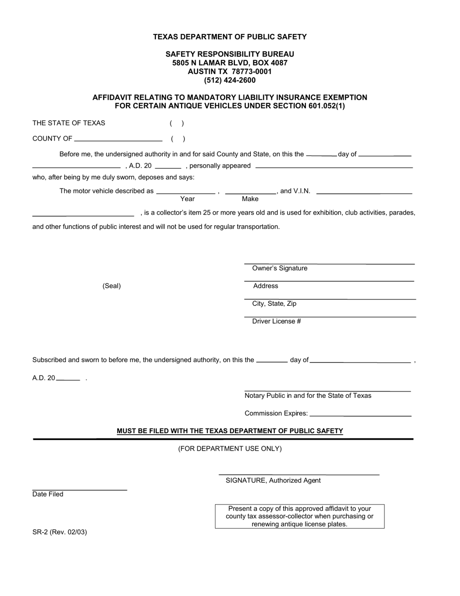 Form SR-2 Affidavit Relating to Mandatory Liability Insurance Exemption for Certain Antique Vehicles Under Section 601.052(1) - Texas, Page 1