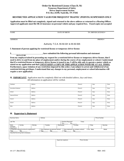 Form SF-1277 Order for Restricted License (Class D, M) - Tennessee