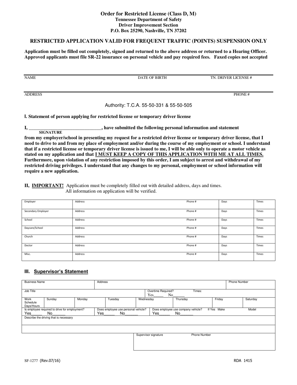Form SF-1277 Order for Restricted License (Class D, M) - Tennessee, Page 1