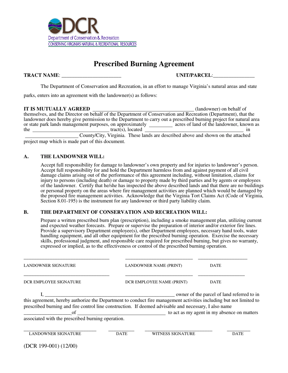 Form DCR199-001 Prescribed Burning Agreement - Virginia, Page 1