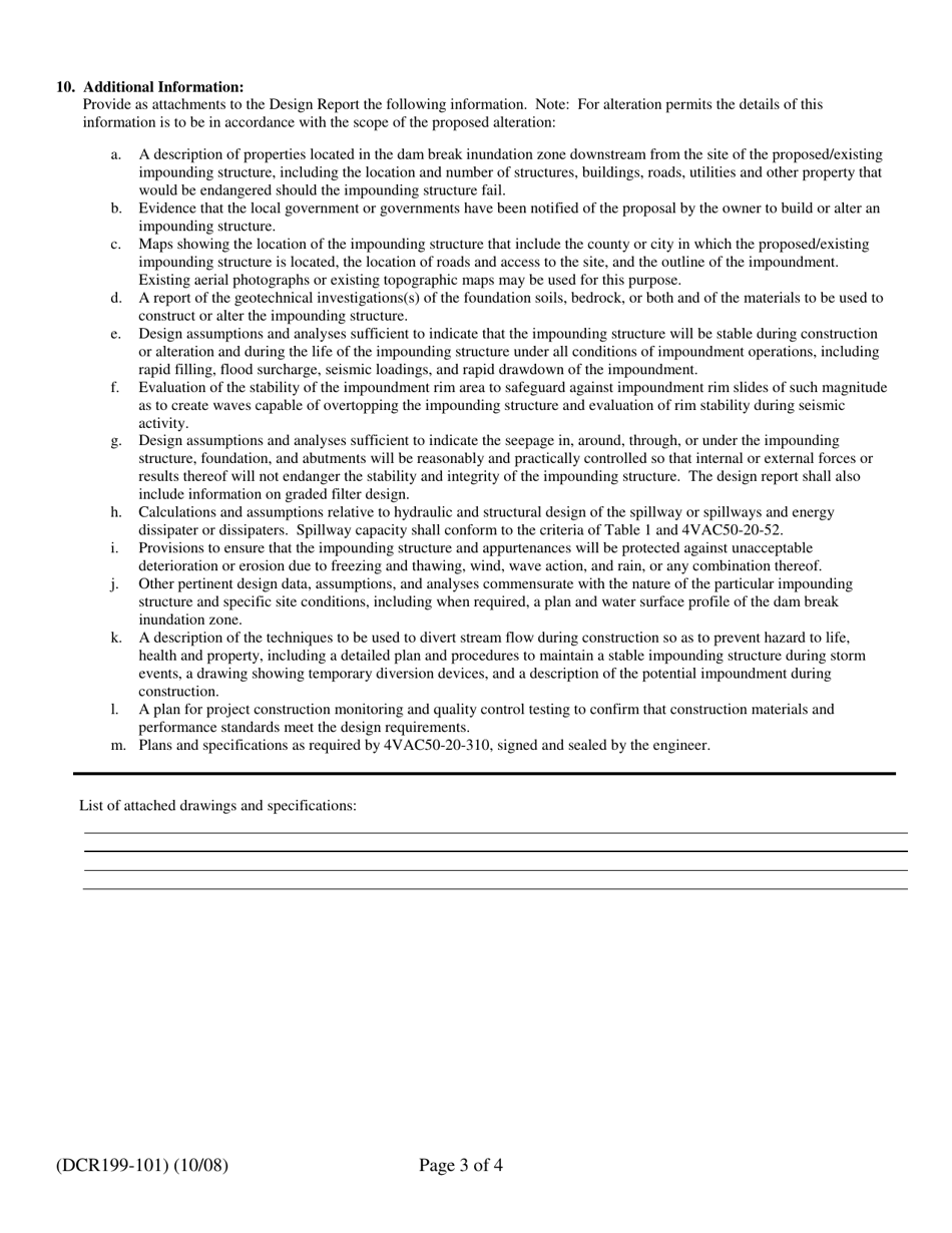 Form DCR199-101 Design Report for the Construction or Alteration of Virginia Regulated Impounding Structures - Virginia, Page 3