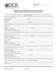 Document preview: Form DCR199-103 Emergency Preparedness Plan for Low Hazard Virginia Regulated Impounding Structures - Virginia
