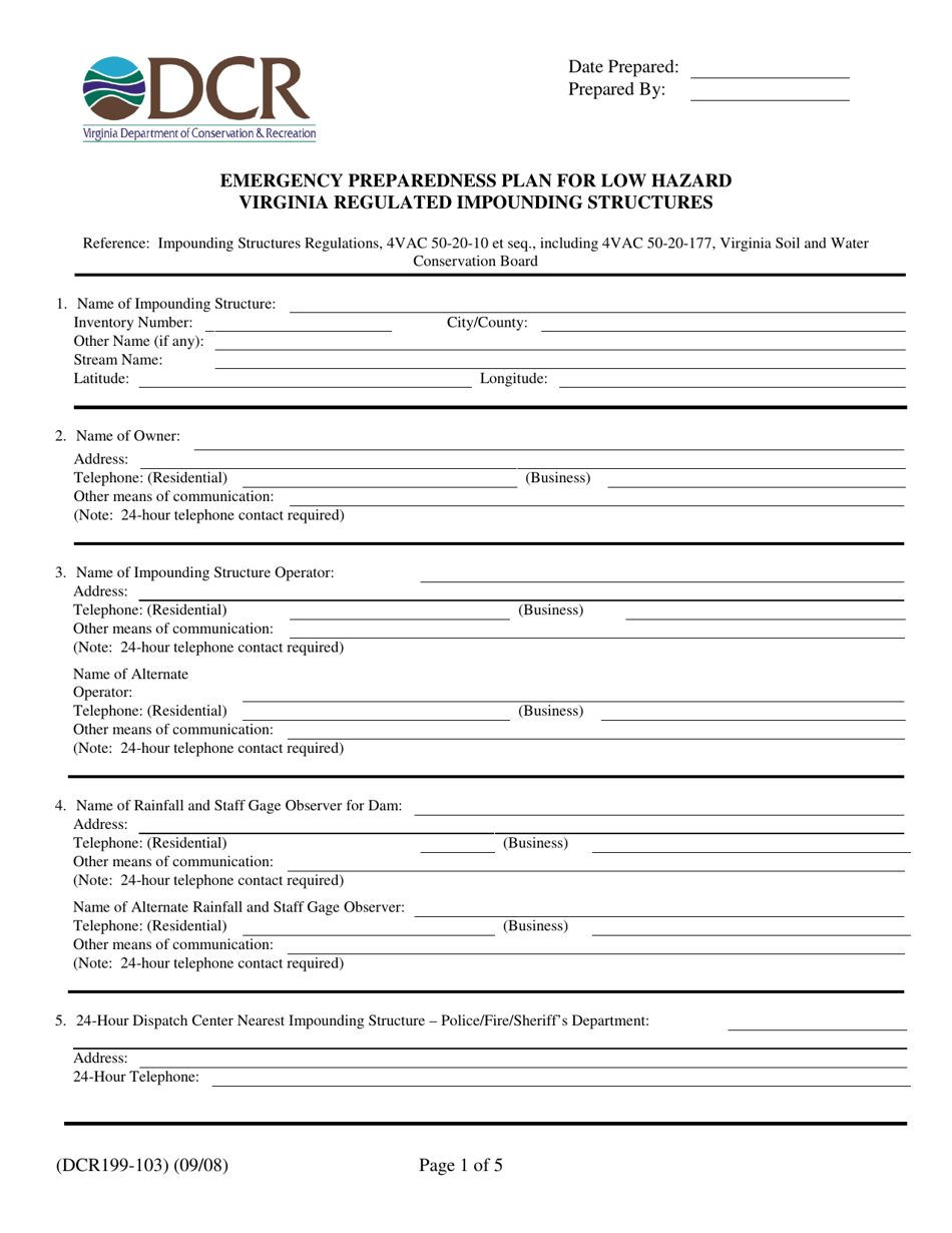 Form DCR199-103 Emergency Preparedness Plan for Low Hazard Virginia Regulated Impounding Structures - Virginia, Page 1