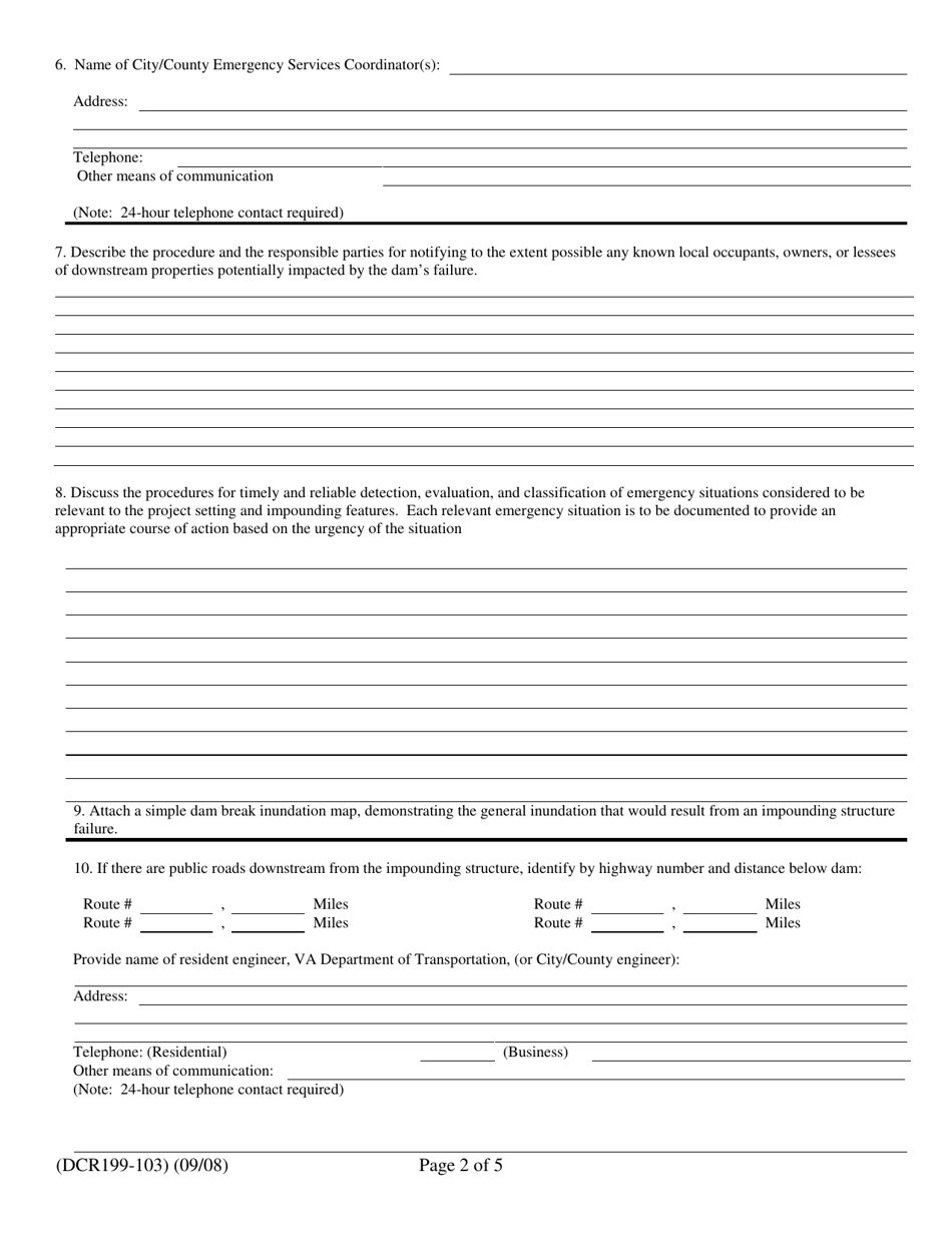 Form DCR199-103 Emergency Preparedness Plan for Low Hazard Virginia Regulated Impounding Structures - Virginia, Page 2