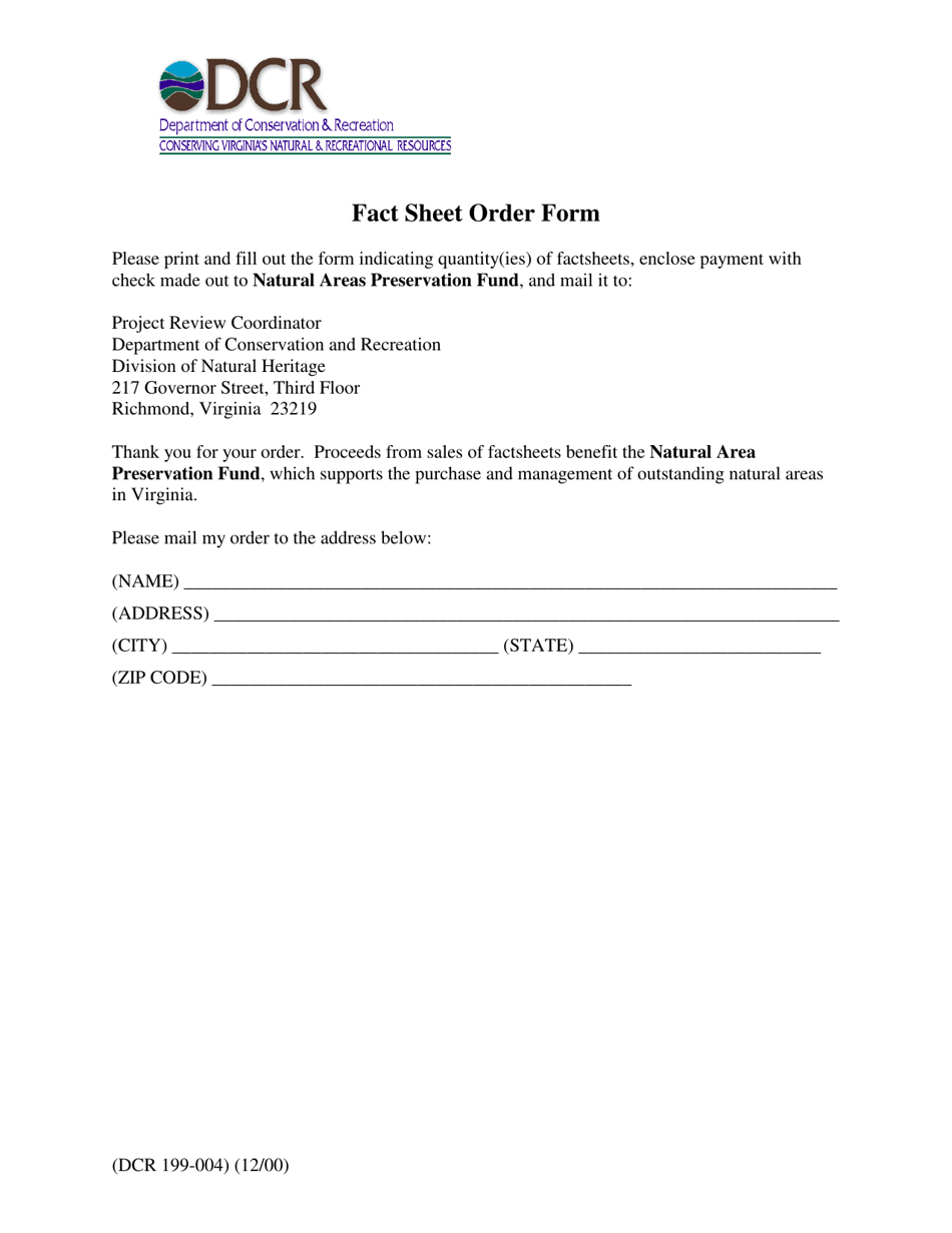 Form DCR199-004 Fact Sheet Order Form - Virginia, Page 1