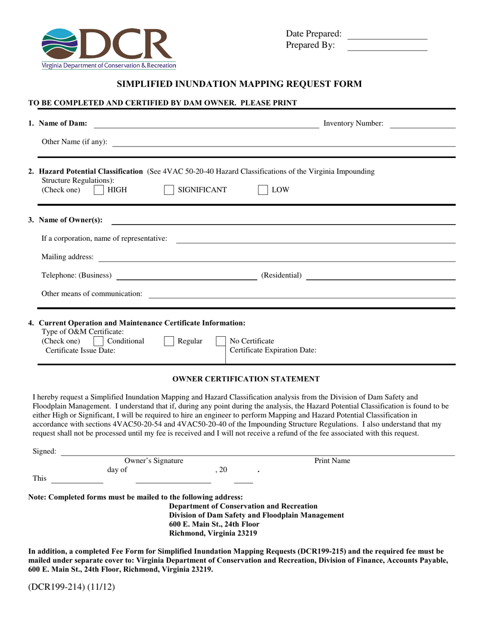 Form DCR199-214 Simplified Inundation Mapping Request Form - Virginia, Page 1