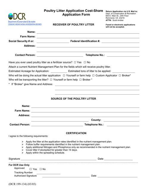 Form DCR199-134 Poultry Litter Application Cost-Share Application Form - Virginia