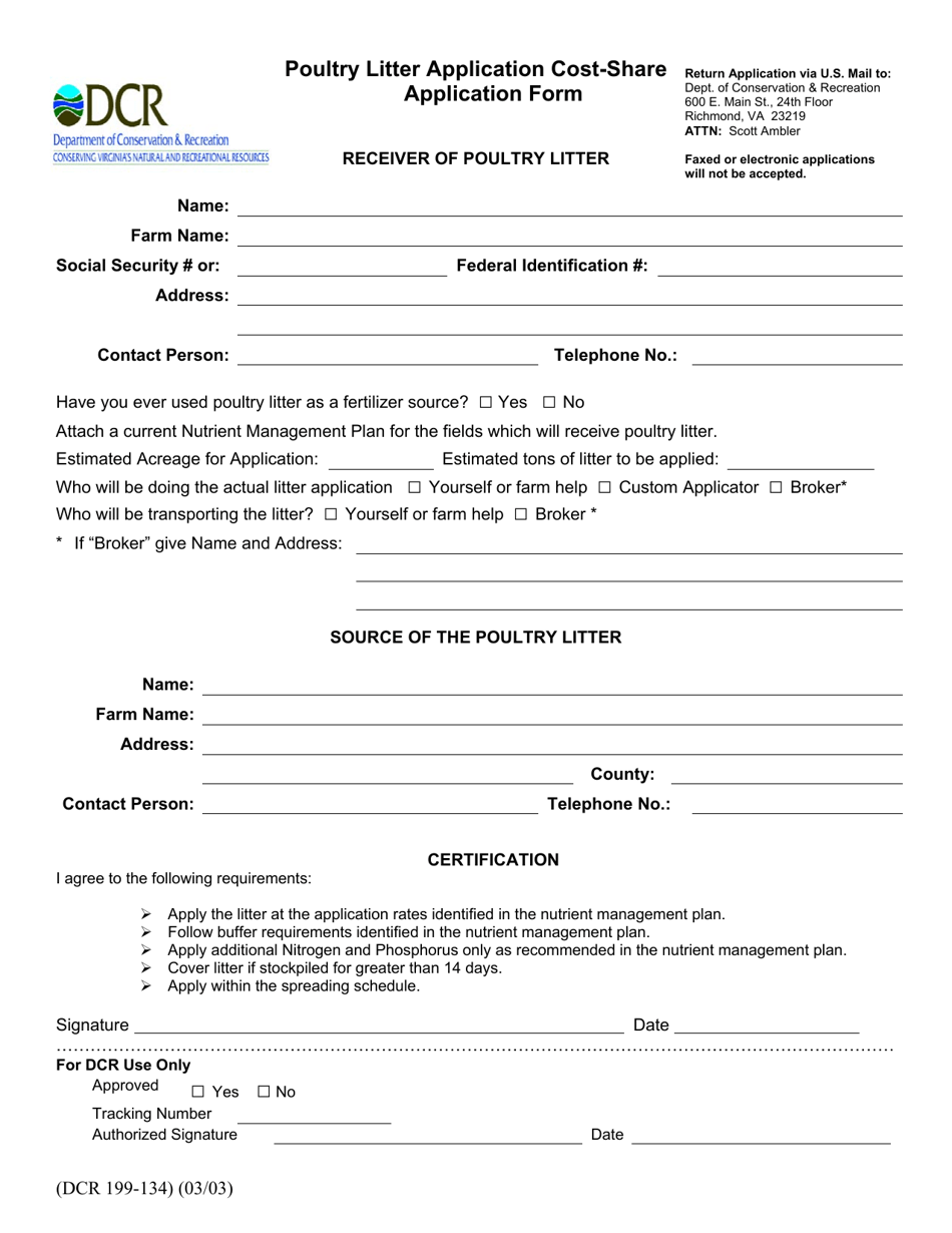 Form DCR199-134 Poultry Litter Application Cost-Share Application Form - Virginia, Page 1