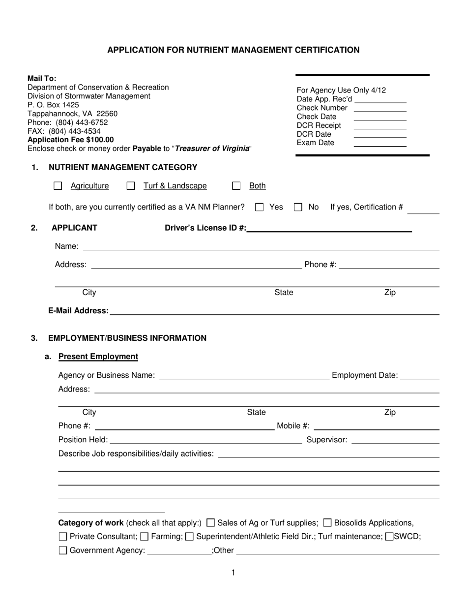 Form DCR199-111 Application for Nutrient Management Certification - Virginia, Page 1