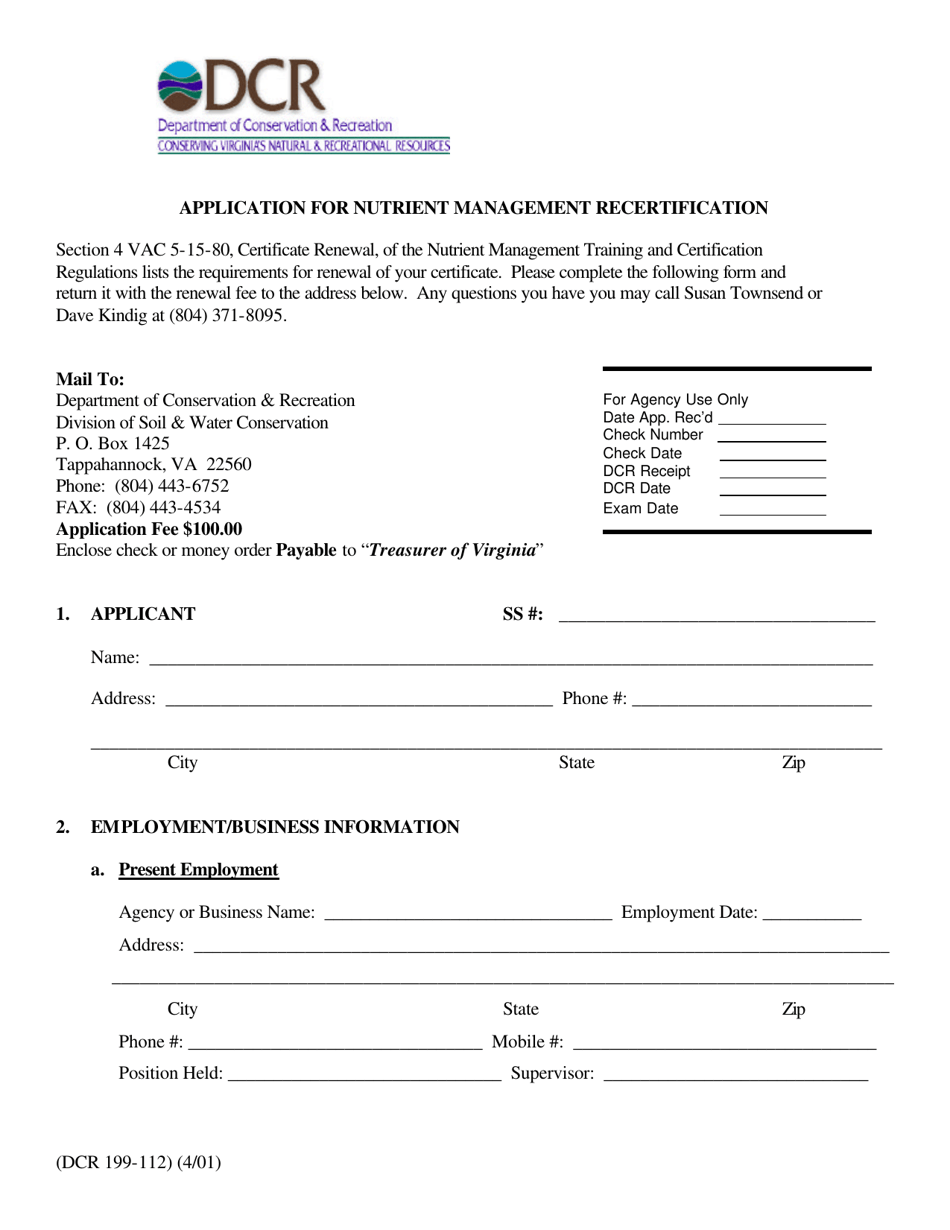 Form DCR199-112 Application for Nutrient Management Recertification - Virginia, Page 1