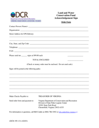 Form DCR199-131 Land and Water Conservation Fund Acknowledgement Sign Order Form - Virginia