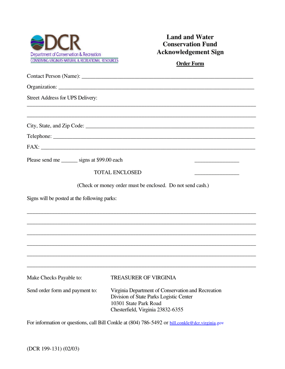 Form DCR199-131 Land and Water Conservation Fund Acknowledgement Sign Order Form - Virginia, Page 1