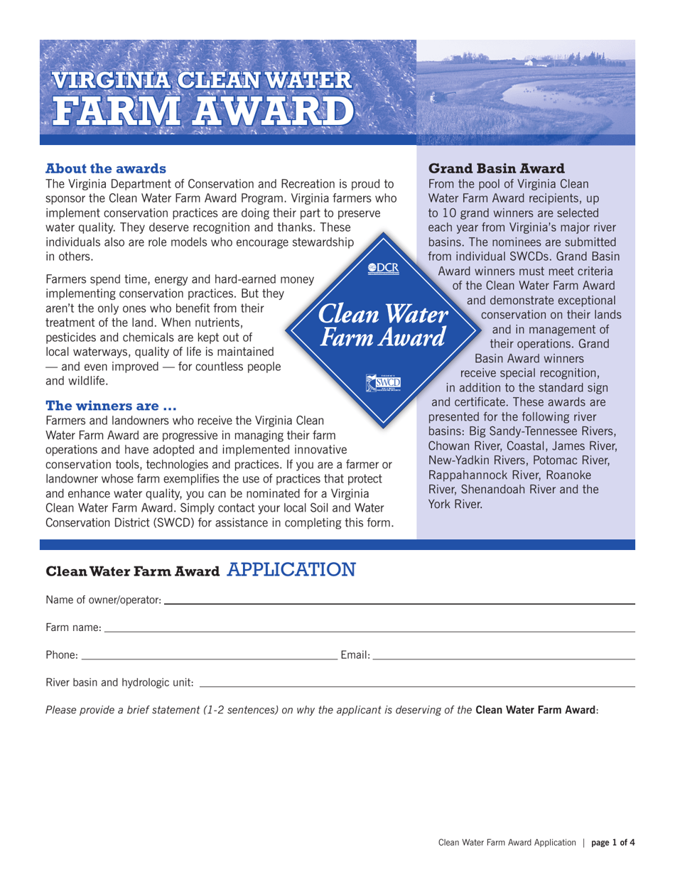 Form DCR199-007 Clean Water Farm Award Application - Virginia, Page 1