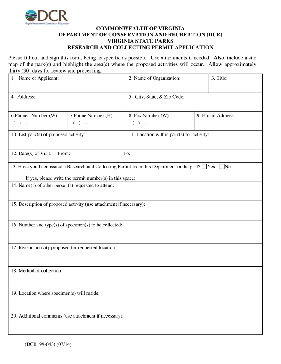 Form DCR199-043 State Parks Research and Collecting Permit Application - Virginia, Page 1